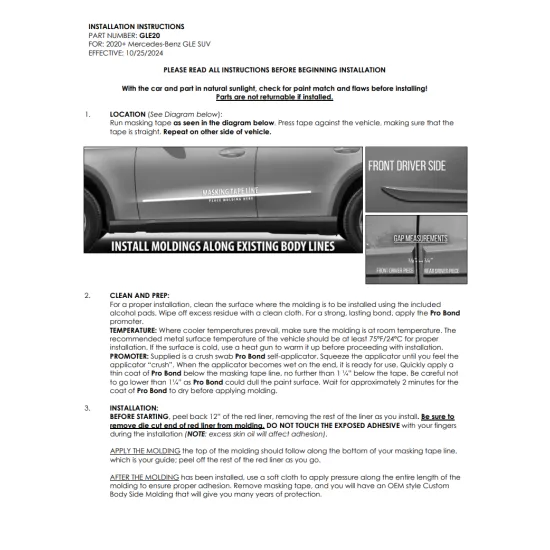 Mercedes-Benz GLE SUV Painted Body Side Moldings with Chrome Inserts 2020 - 2026