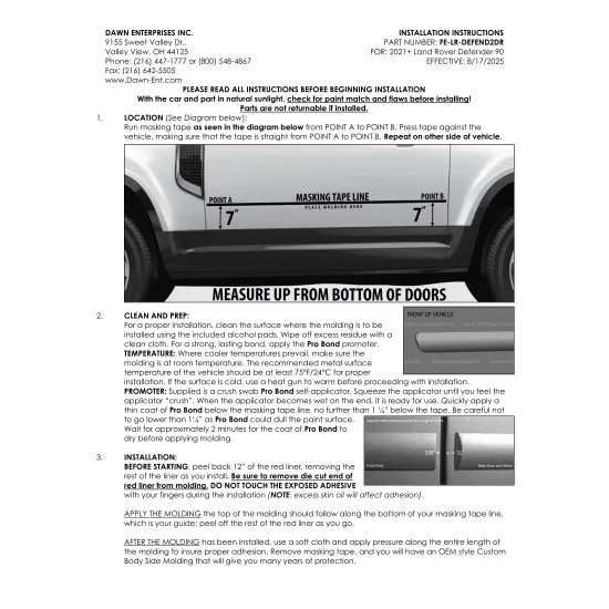 Land Rover Defender 90 2DR Painted Body Side Moldings 2021 - 2026