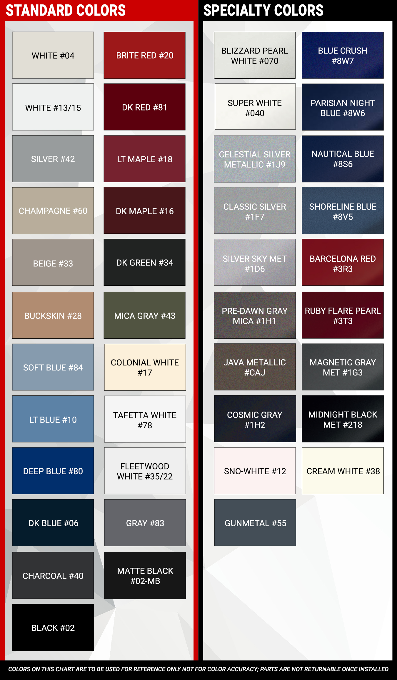 Extruded Molding Color Chart